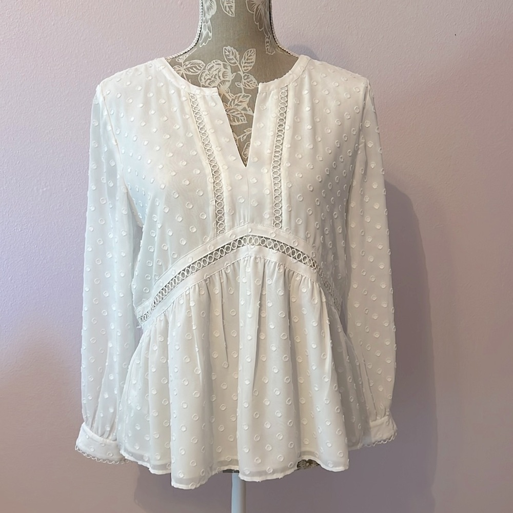 LOFT - White Swiss Dot Peplum Office Blouse